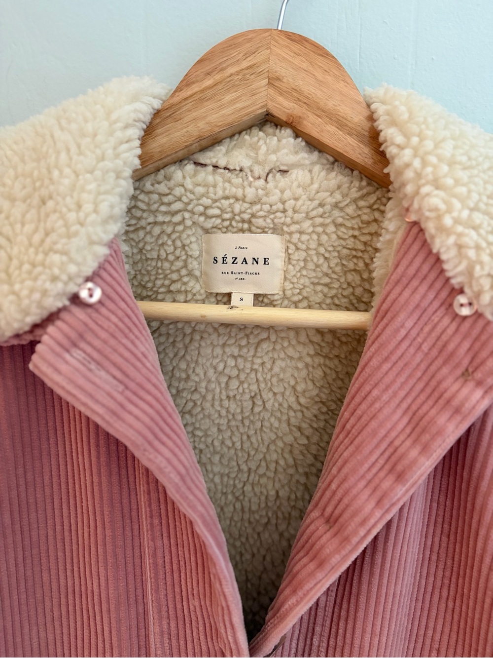 Sezane Will Jacket Womens Small Pink Corduroy Shearling Collar Coat - Picture 5 of 16